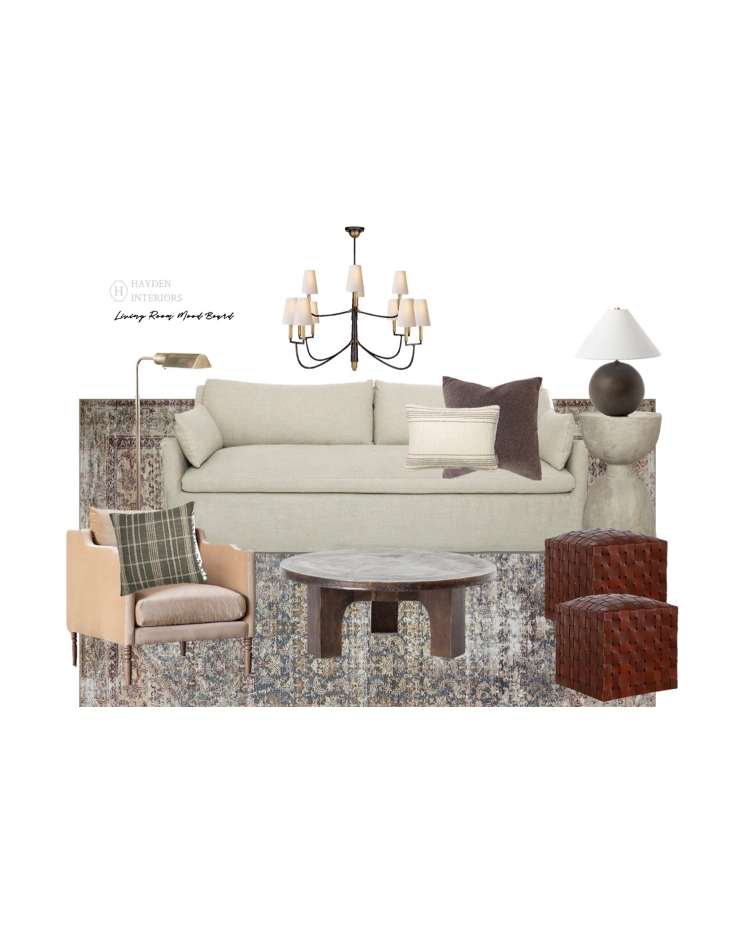 transtitional mood board, interior design, high end living room look, chandelier, sofa coffee table