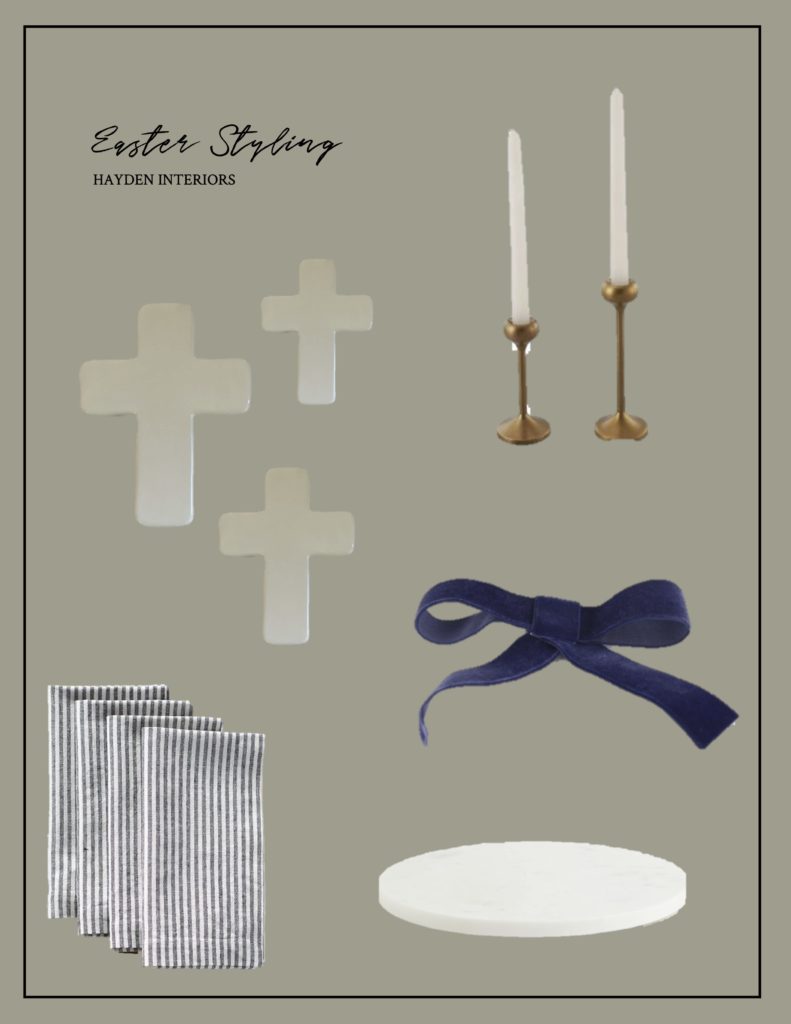 end table styling for easter with simple bow, candlesticks, marble serving tray, crosses, and striped napkins